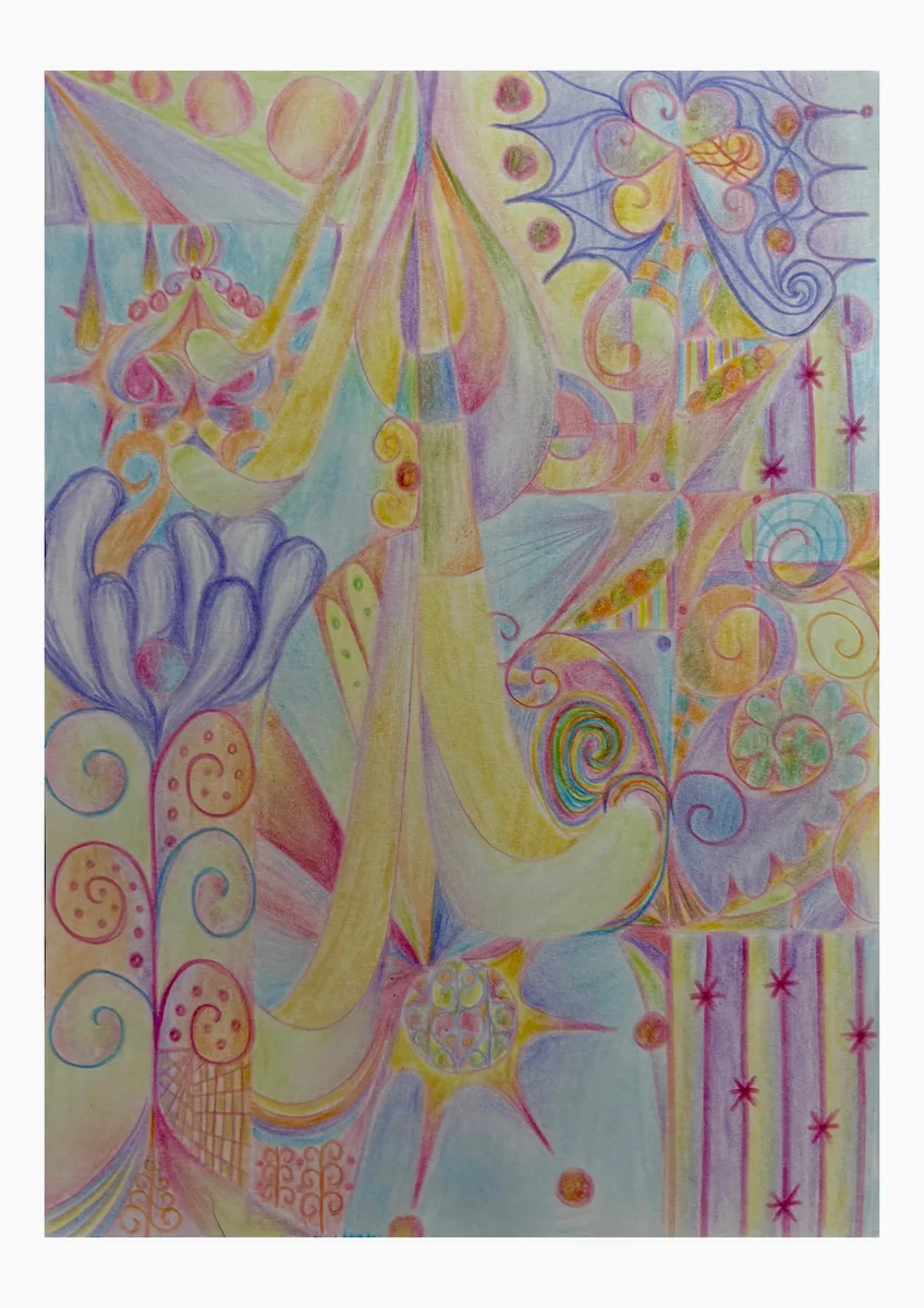 Confidence — Éclosion — Marielle Debellu, crayons de couleur 15×21 cm, 2026