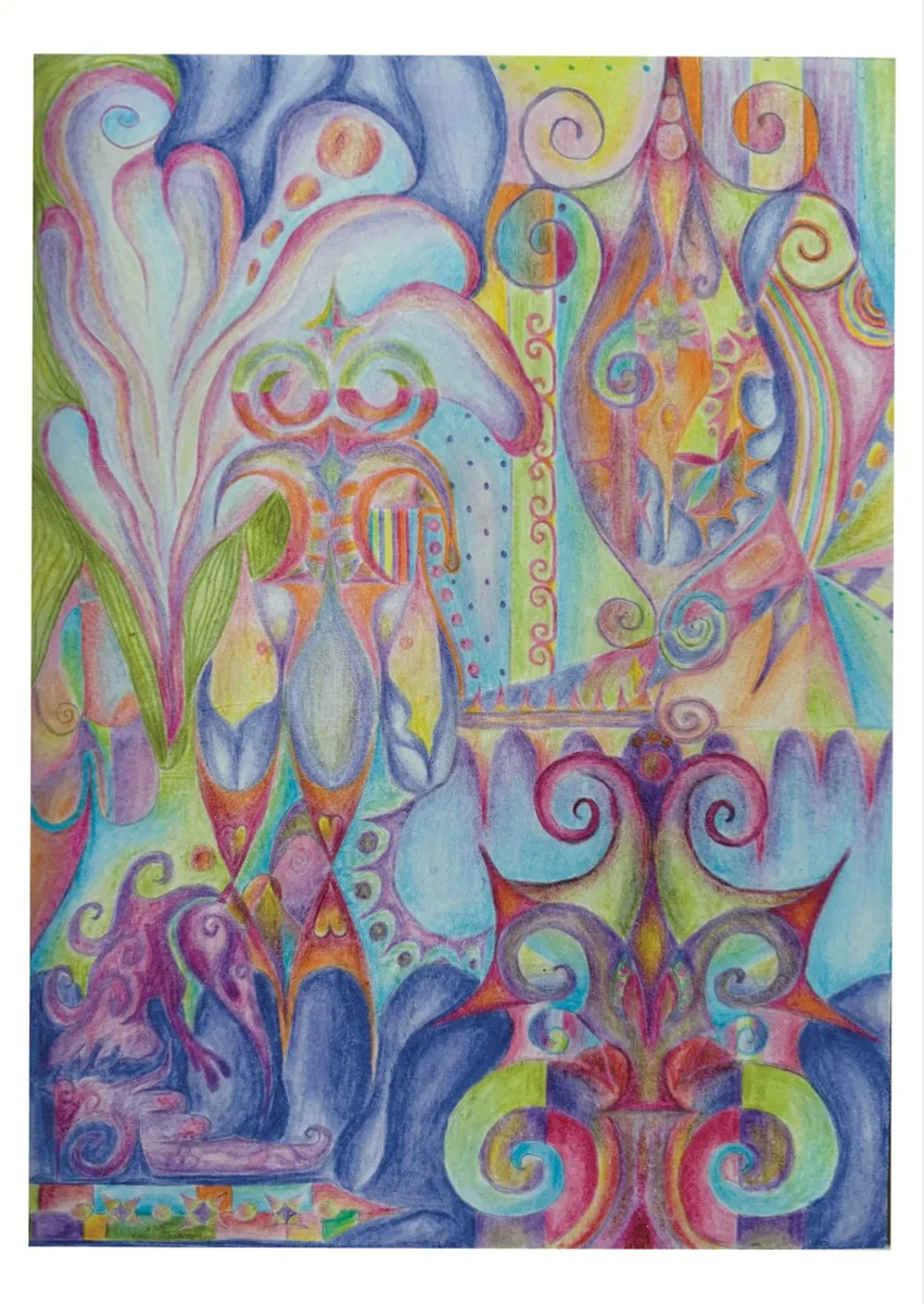 Confidence — Émulsion — Marielle Debellu, crayons de couleur 15×21 cm, 2026